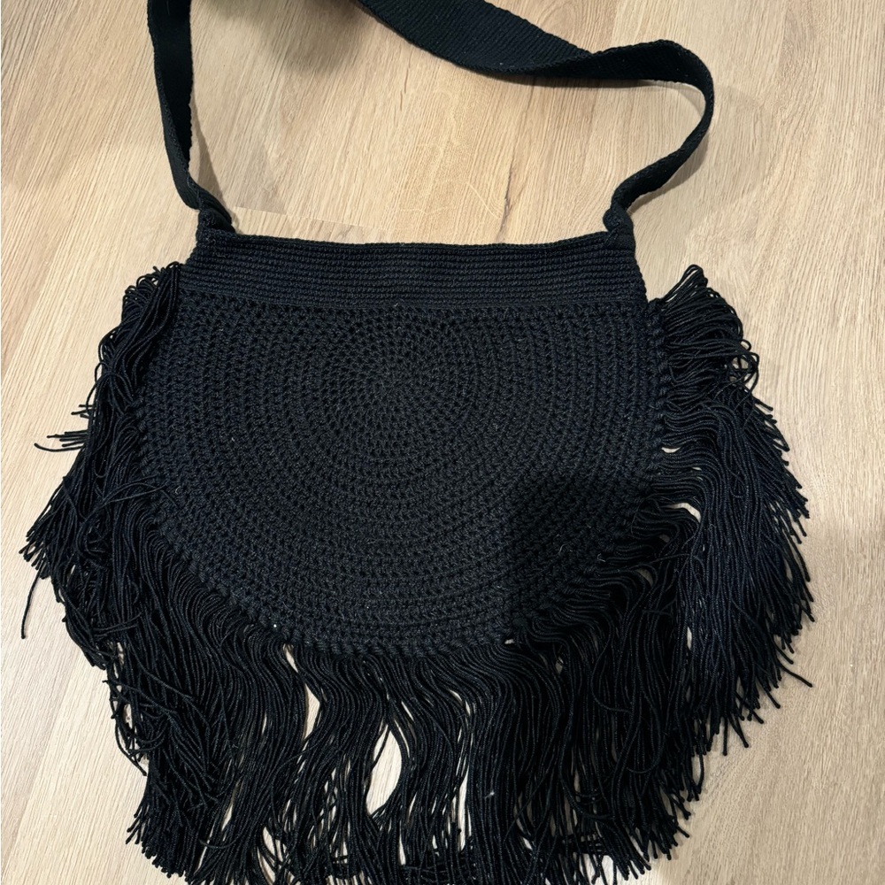 NWT Soraya Hennessy Black Fringe Crochet Boho Shoulder Bag